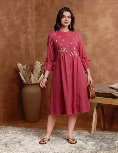 Image of Amazon Brand - Myx Women's Cotton Embroidered Dress | Below The Knee (Available in Plus Sizes)