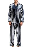 Sanraflic Men's Satin Pajamas Long Button-Down Pj Set Sleepwear Loungewear (Blue White stripe, L)