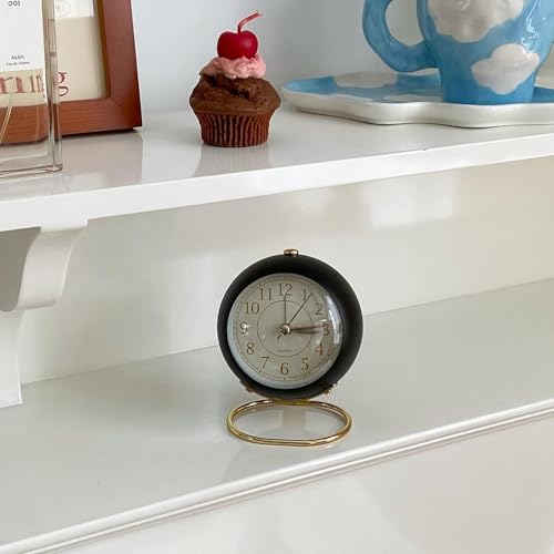 Image of Vintage Analog Alarm Clock with Night Light, Silent Non-Ticking Quartz Movement, Battery Powered Round Desk Clock with Gold Metal Stand, HD Glass Dial for Bedroom, Office, Study Table Decor (Black 1)