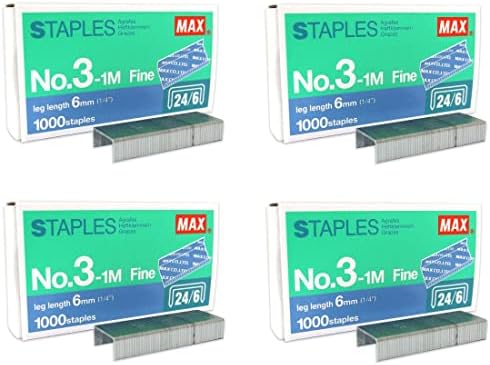 MAX No.3-1M Flat Clinch Staples (24/6) for Office Stapler - 4 Boxes (4,000-Staples)