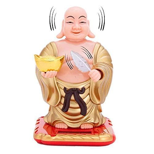 Jainsons Laughing Solar Buddha Holding Ingot & Waving Fan Moving Head & Fan for Health Wealth & Prosperity | Medium