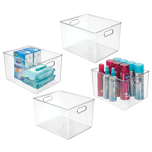 mDesign Plastic Storage Wide Organizer Container Bin with Handles for Bathroom, Kitchen Cabinet, Pantry, Home Organization - Holds Vitamins, Supplements, Makeup - Ligne Collection - 4 Pack - Clear