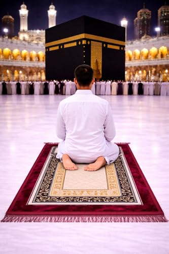 Image of Janamaz Prayer Mat Turkey Soft Velvet | Namaz Mat, Janimaz Namaz Aasan, Islamic Prayer Rug for Salah | 70x110 CM (Printed Red)