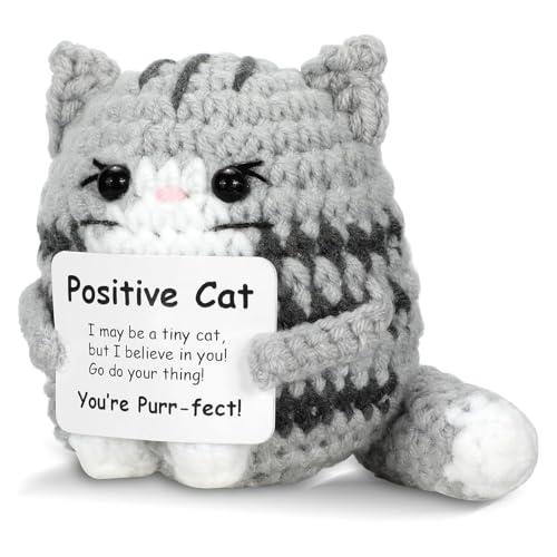 1 Stück Positive Gehäkelter Katzen-Mini-Tier, Emotionaler Support-Geschenk, Inspirierende Handgemachte Strickpuppe, Kleine graue Katze, Motivierendes Häkel-Geschenk für Frauen, Studenten, Bürodekorati