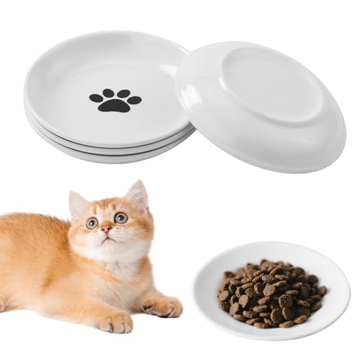 BUCOMTU 4 Stück Katzennapf Flach Futternapf Katze,Keramik Futterschale,Flacher Napf, Spülmaschinenfest Katzenteller, Lindert die Ermüdung der...