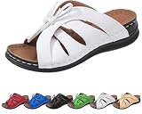 SAELELY Damen-Sandalen mit Schleife und Fußgewölbeunterstützung, bequeme Sommer-Slipper aus Leder, elegante Strandschuhe mit weiter, geschlossener Zehenpartie