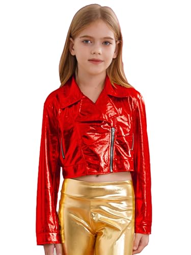 JEATHA Girls Shiny PU Leather Motorcycle Jacket Long Sleeve Zipper Crop Tops Outerwear for Hip-Hop Jazz Dance