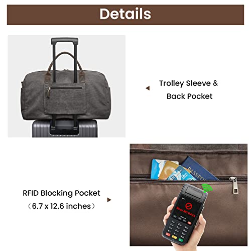 S-ZONE Duffle Bag for Travel, Travel Duffel Bag 50L Canvas RFID Blocking Overnight Weekender Bag for Men Women