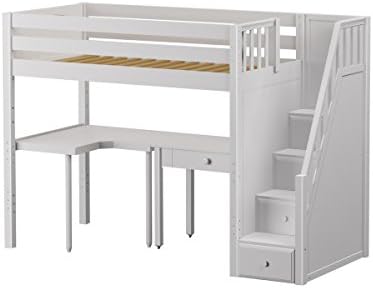 Maxtrix Solid Hardwood Twin-Size Low Loft Bed with Storage Staircase Entry, Corner and Study Desks, White