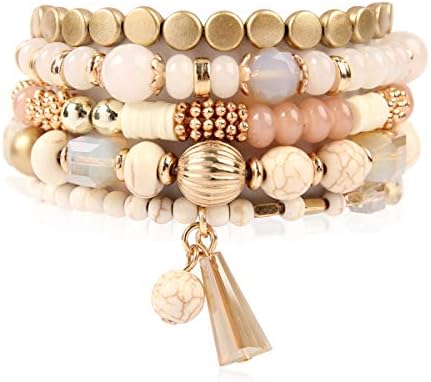 RIAH FASHION Bohemian Mix Bead Multi Layer Versatile Statement Bracelets - Stackable Beaded Strand Stretch Bangles Sparkly Crystal, Tassel Charm (Natural)