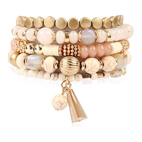 RIAH FASHION Bohemian Mix Bead Multi Layer Versatile Statement Bracelets - Stackable Beaded Strand Stretch Bangles Sparkly Crystal, Tassel Charm (Natural) Cover