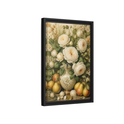 Tableau roses blanches 30x45 cm avec cadre noir pour salon chic