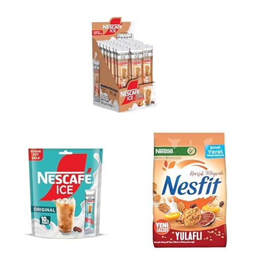 NESCAFÉ Ice – Toffee Nut Aromalı 24'lü Paket x 1, NESCAFÉ Milky Ice Original 120'li Paket 12 x (10x10.5 G) x 2, Nestlé Nesfit Tam Tahıllı Karışık Meyveli Mısır Gevreği 400 g x 1