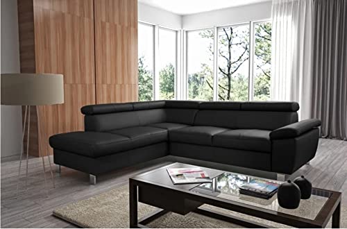 VENESETTI Canapé d'angle Convertible en Cuir Italien de Luxe 5 Places LUTECIA avec Coffre, Noir, Angle Gauche