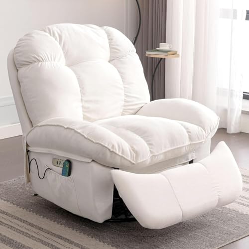 EDWELL Power Recliner Chair, Massage Rocker Recliner Chairs for Adults with Heated, Oversized Rocker Swivel Chairs for Living Room, Comfy Nursery Rocking Chairs with USB-C Ports and Side Pocket, White