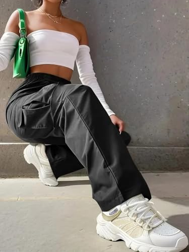Image of Leriya Fashion Women Poly Lycra High Waist Cargo Pants | Elastic Waist Wide Leg Baggy Trousers for Women | Multi Pocket Casual Streetwear Parachute Style Pants for Girls, Travel, Gym