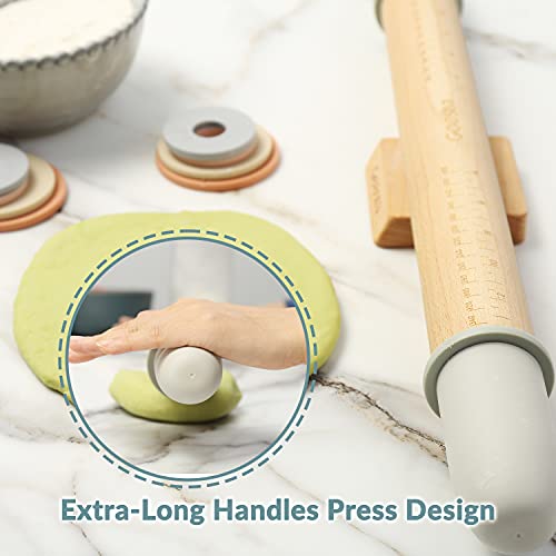 Image of Geesta Adjustable Wood Rolling Pin with 5 Thickness Rings, Precise Dough Roller Handle Press Design with Measurement Guide for Fondant, Pizza, Pie Crust, Cookie, Pastry Baking Decorating Accessories