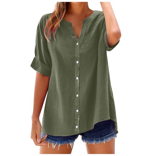 Linen Shirts for Women 2025 Gauze Short Sleeve V Neck Button Loos...
