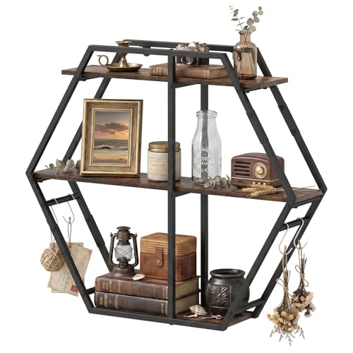 Tangkula Hexagon Wall Shelf, 3-Tier Geometric Bookcase with 4 S-Shaped Hooks & Heavy Duty Metal Frame, Wall Mounted Industrial Display Storage Rack for Home Office, Living Room & Bathroom (1, Hexagon)