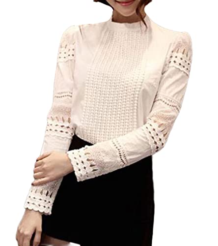 Womens Crochet Mock Neck Long Sleeve Casual Tops Back Zipper Blouse White Back Zip 2 #TOP2