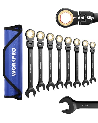 WORKPRO Ratcheting Combination Wrench Set, 8-piece Flex-Head Anti-Slip Set Metric 8-17 mm, 72-Teeth, Cr-V Constructed, Black Electrophoretic Coating with Rolling Pouch