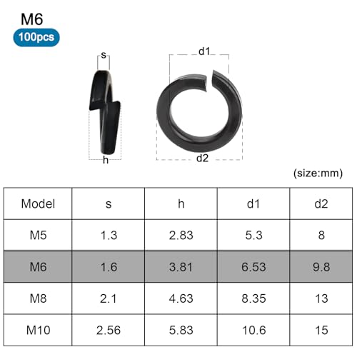 YFLeomry 100 Stück Federring, Federringe M6, Edelstahl A2 V2A, Unterlegscheiben, Spiralförmige Schwarz Federscheiben, Metallscheiben für Schrauben und Muttern