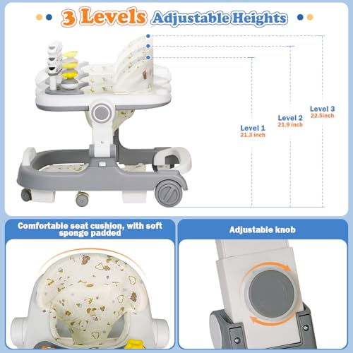 Image of Baby Walker with Wheels, 4 in 1 Foldable Baby Walkers for Boys Girls 6-18 Months, 3 Level Height Adjustment with Bouncing, Feeding Tray & Music, Baby Walker with Activity Center, Toddler Push Walker