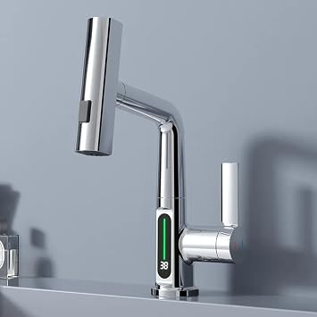 Suprills Kitchen Sink Taps with Pull Out Spray, Multifunction 360 Degree Rotating Faucet, Black Pull Out Basin Mixer Bathroom Taps, Kitchen Mixer Tap with Digital Display and Shower (Chrome)