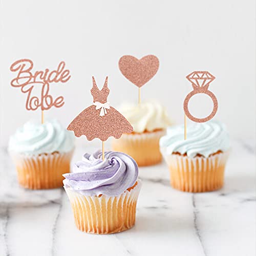 Ercadio 36 Pack Bride To Be Cupcake Toppers Rose Gold Glitter Dress Heart Ring Cupcake Picks Wedding Bachelorette Bridal Shower Party Cake Decorations Supplies #TOP5