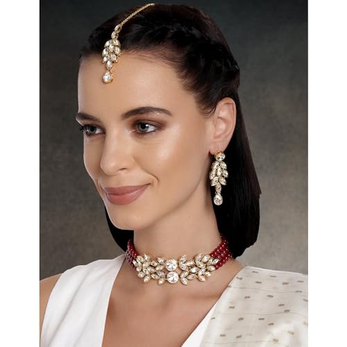 Image of Peora Gold Plated Bridal Crystal Pearl Choker Necklace with Drop Earrings Traditional Jewellery Set for Women