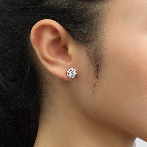 Rhodium Plated Sterling Silver Round Cz Halo Stud Earrings #TOP3