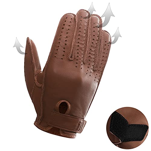 Harssidanzar Motorcycle Gloves for Men, Breathable Leather Driving Gloves with Palm GM038USA,Light Brown,Size,XL
