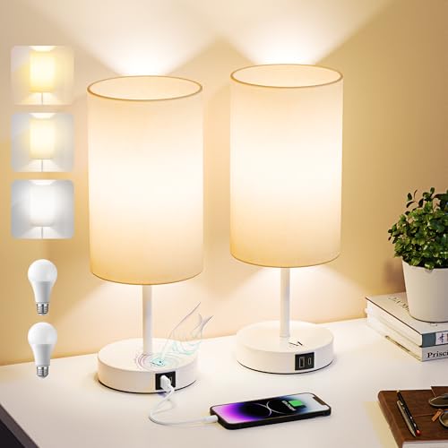AKARI MIYA Bedside Lamps Set of 2, Touch Lamps Bedside with USB A+C Charging Ports, 3-Way Dimmable Table Lamp with E27 LED Bulbs, Fabric Shade, Metal Base for Bedroom, Living Room & Nightstand (White)