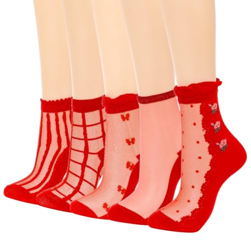 Campsis Women Sheer Socks, Red Pattern Sheer Ankle Sock, Sheer Lace Sock with Design