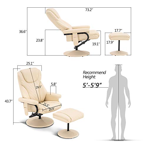 Mcombo Recliner With Ottoman, Reclining Chair With Massage, 360 Swivel Living Room Chair Faux Leather, 4901 (Cream White) #TOP2