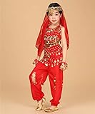 HELUHMX Ropa de Danza del Vientre para niñas (Top + Pantalones + cinturón + Tocado + Velo + Pulseras) para los Trajes Gilrs XL Rosa