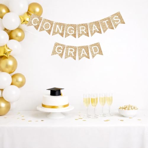 Image of Graduation Decorations 2026, Congrats Grad Banner for Congratulations Graduate Graduation Party - Set of 2 White and Gold Glitter Garlands Sign Hanging Decor for Wall Door Porch, Pre-strung No DIY