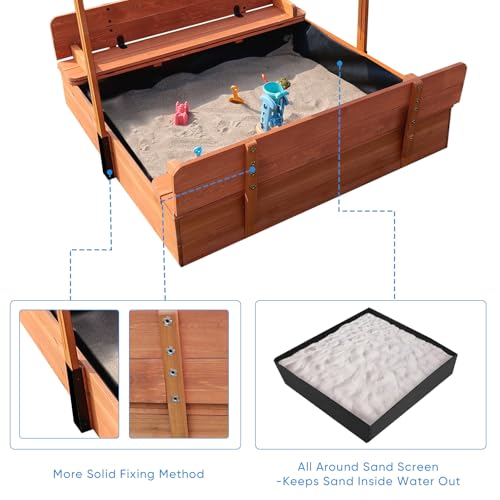 FunXplore Wooden Kids Sandbox with Lid Sand Box with Cover for Outdoor with Canopy Ages 4-8, Sand Pit with 2 Foldable Bench Adjustable Roof Bottom Liner