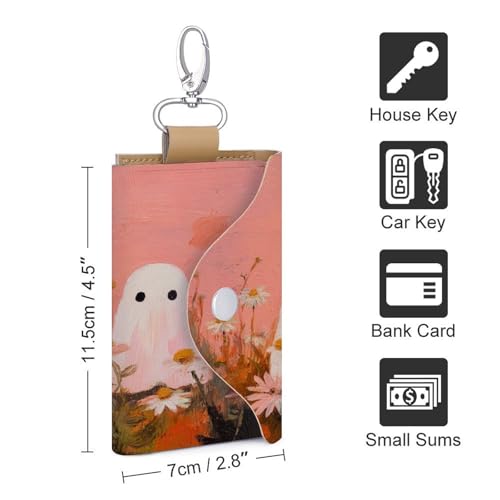 Three White Ghosts in The Field with Daisies Key Holder Bag PU Leather ID Card Holder Keychains Case Cover for Men Women2