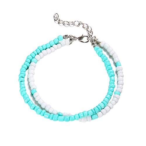 quanjucheer Bracelet de Cheville pour Femme avec Double Couche de Perles et Sandales Pieds Nus, Résine, Blanc/Vert, 25 cm Cover