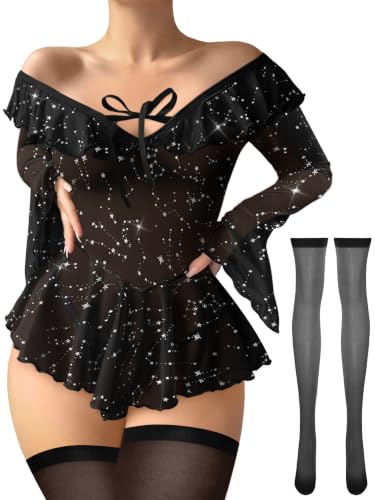Image of Foxiny Sheer Ruffle Long Sleeve Babydoll Lingerie Dress | Off-shoulder neckline, flared cuffs and a flounce hem add movement; thong and thigh-high stockings complete the 3-piece set