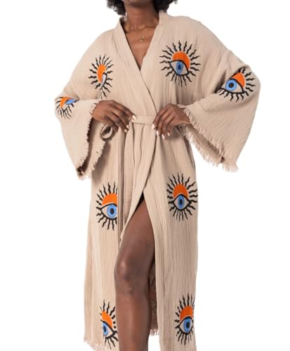 Flanika Womens Cotton Muslin Kimono Robe Boho Evil Eye Hand-Printed Bathrobe with Fringe Lightweight Spa Robe Beach Cover Up (US Alpha One Size Regular Regular Beige)