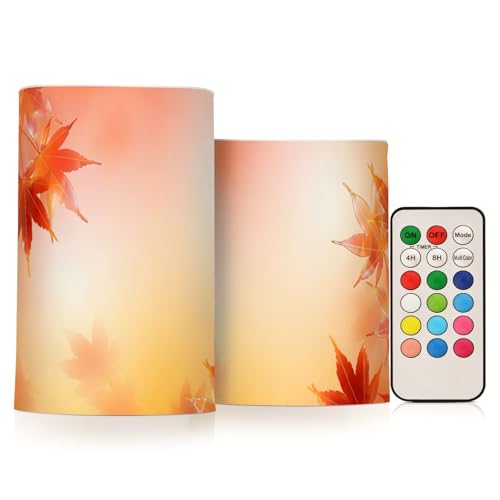 Image of Thanksgiving Decorations Lights Flameless Candles Thanksgiving Autumn Leaves Golden Maple Leaves Pillar Candles Set of 2 Battery Operated Remote Control Warm Lights