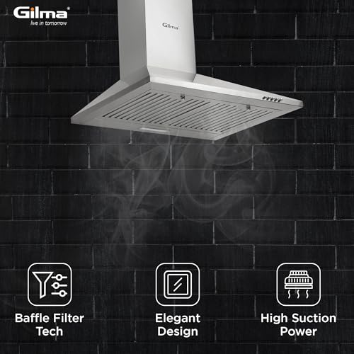 Image of Gilma 60 cm Baffle Filter Chimney | Silver Steel | Push Button Control | 3 Speed | LED | Lifetime on Motor, 2 Yrs Comprehensive Warranty by Gilma | Eva 60