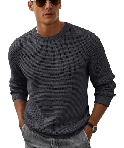 Askdeer Men's Crewneck Pullover Sweater Waffle Textured Long Sleeve Casual Knit Sweater Tops