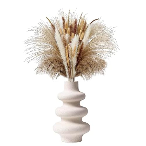 Vaso in Ceramica Color Crema Stile Moderno e Minimalista con Pampa Grass, Perfetto per Arredare Il Soggiorno e la Camera Da Letto, un'Opera D'Arte Che Sprigiona Eleganza(24.5 * 14.5 Cm)
