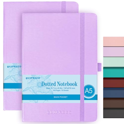 2Pack Bullet Dotted Journal Hardcover Notebook, A5 140 Pages 120Gsm Thick Paper for School,Note Taking,Work,Diary，5.7''*8.3'',Lavender