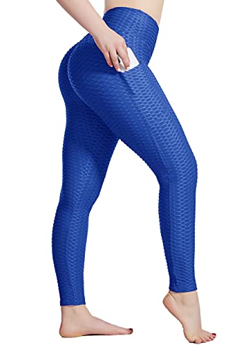 STARBILD Leggings Sport Push Up Femme Anti-Cellulite avec Poche, Pantalon Yoga a Nid d'abeille Taille Haute, Collant de Compresssion Slim Fit Butt Lifter Amincissant Sexy, Long D-Bleu S Cover