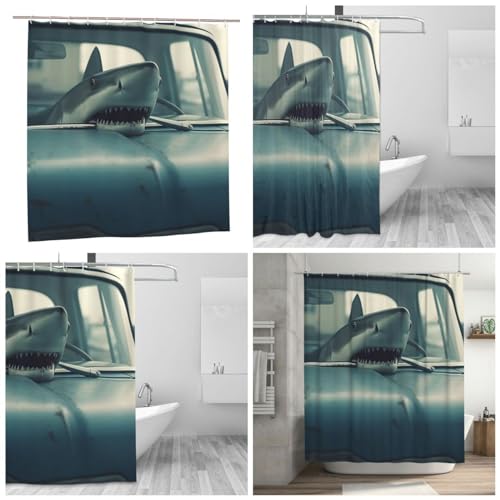 Rideau de douche requin voiture en polyester imperméable avec anneaux de fixation