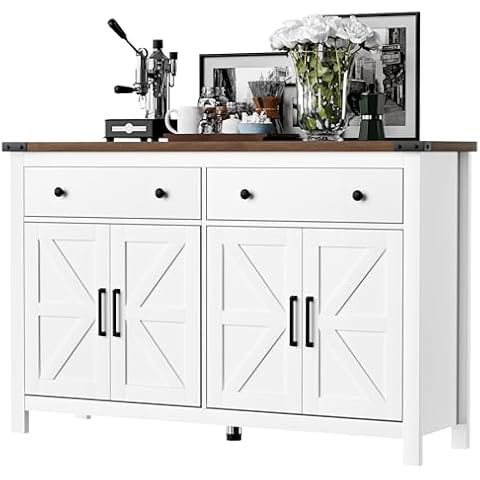 VVFLU 55" Sideboard Buffet Cabinet with Storage, Coffee Bar Cabinet with 2 Drawers and 4 Barn Doors, Long Storage Cabinet Modern Farmhouse, White Wood, for Kitchen, Dining Room, Living Room Cover